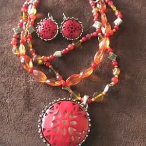 Orange & Silver Beaded Necklace & Earring Set